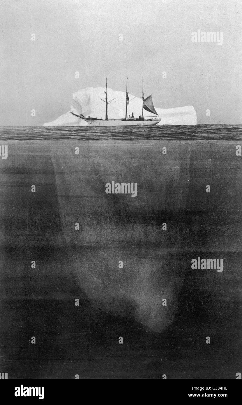 An illustration showing the scale and depth of an iceberg in the region in which the  Titanic sank.        Date: 1912 Stock Photo