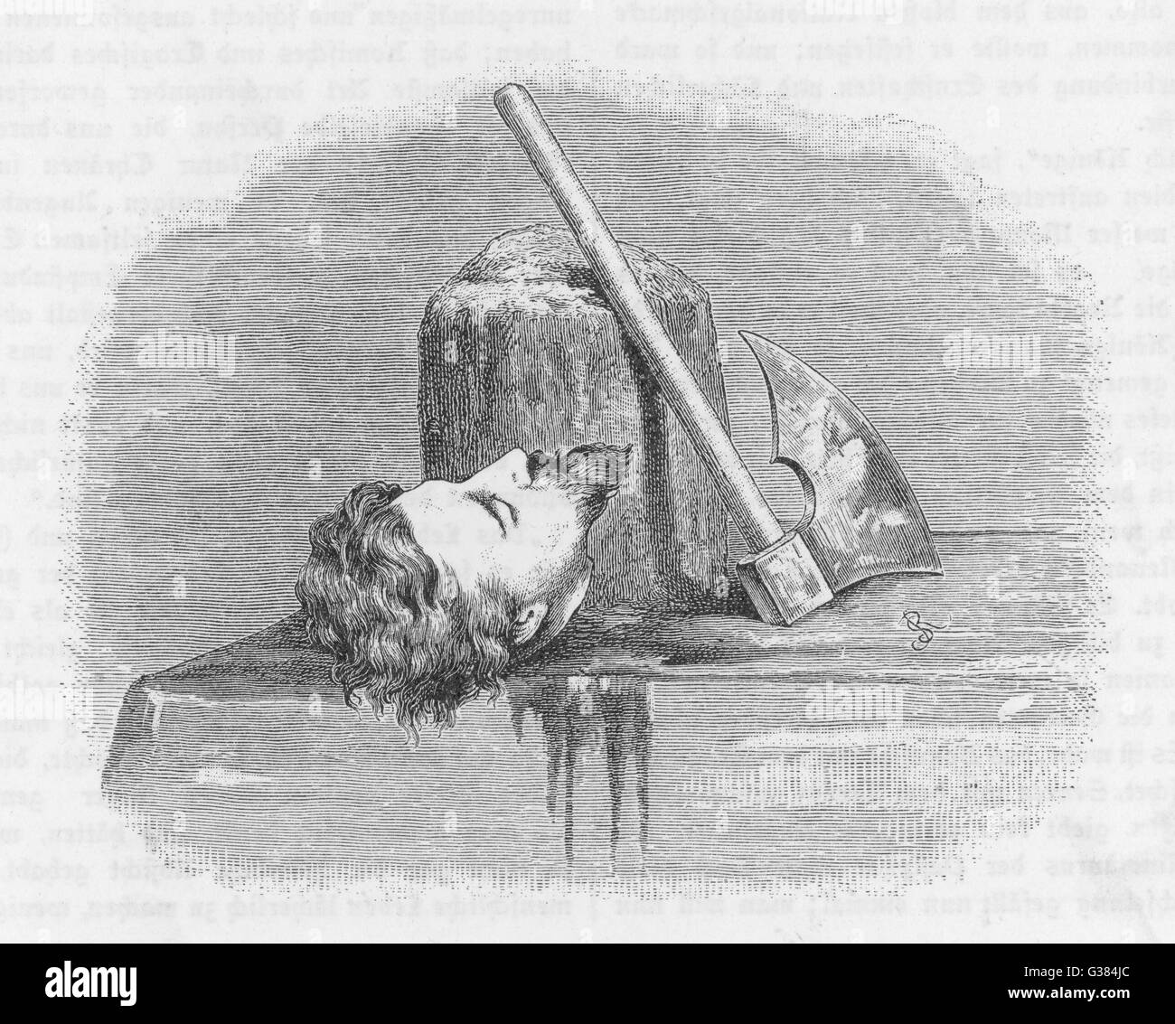 A dismembered head on the  execution block with an axe  beside it.        Date: Nineteenth century Stock Photo