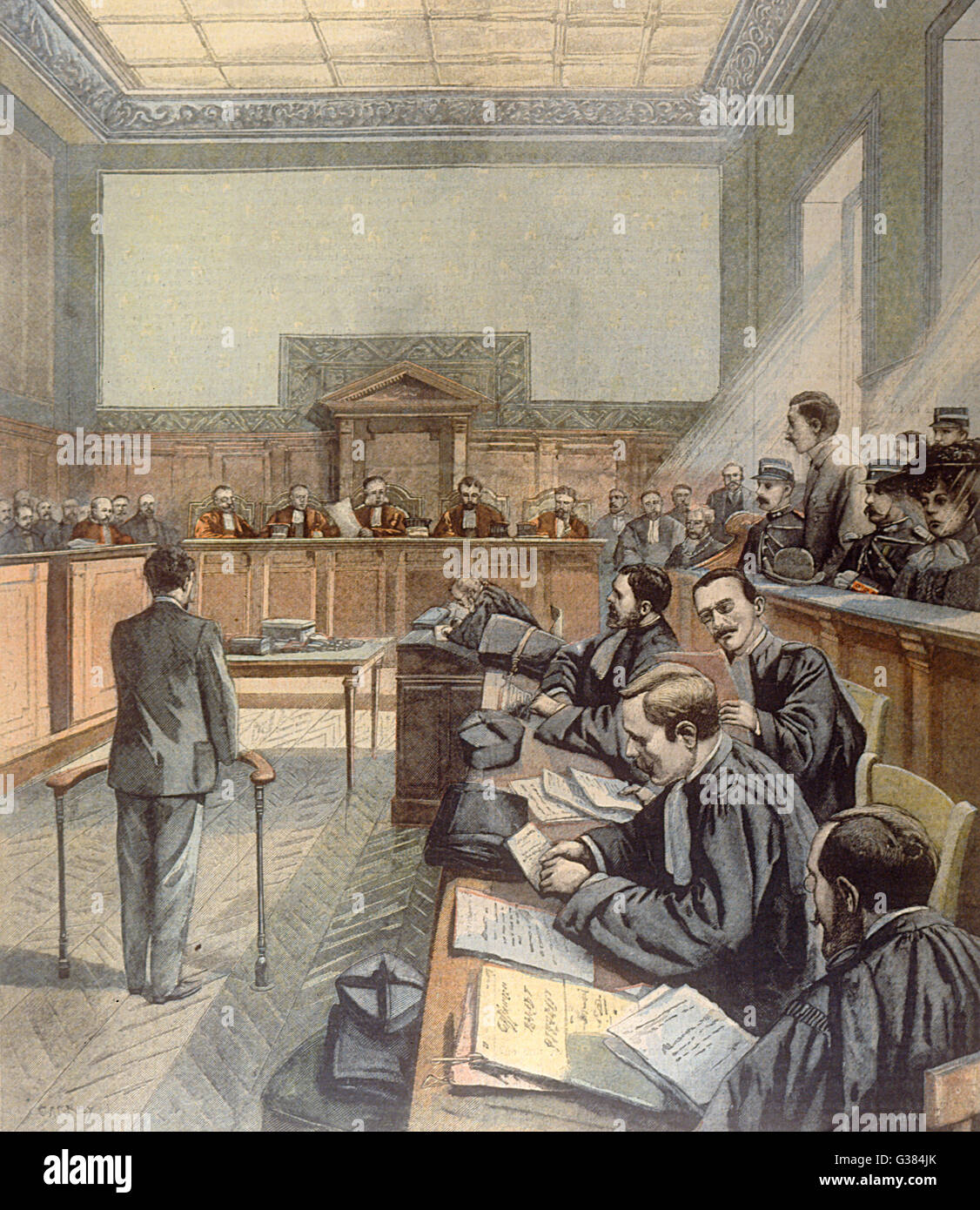 A FRENCH MURDER TRIAL At Chambery, Victorine Giriat  and Henri Bassot are tried for  the murder of Eugene Fougere  at Aix-les-Bains, killed for  her jewels     Date: June 1904 Stock Photo