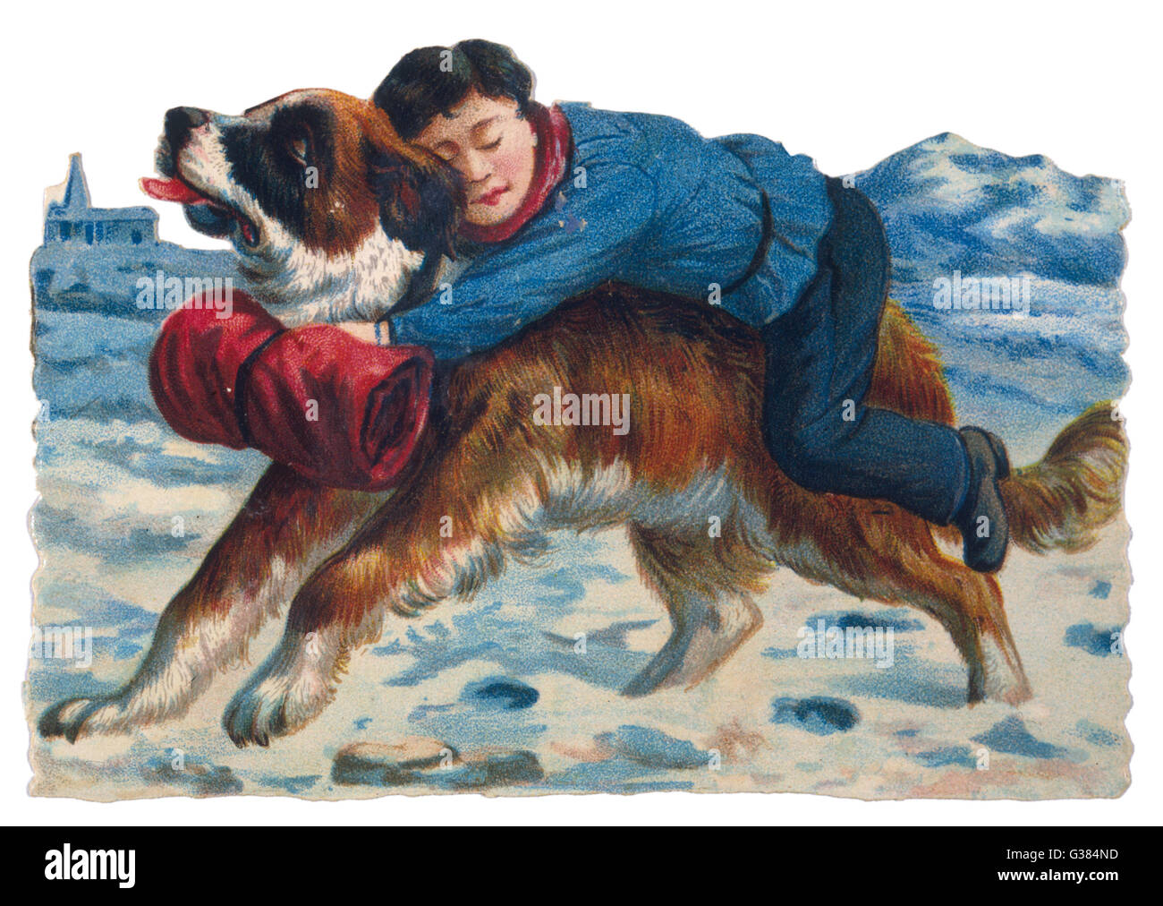 A Saint Bernard rescues  a boy from an icy death        Date: late 19th century Stock Photo