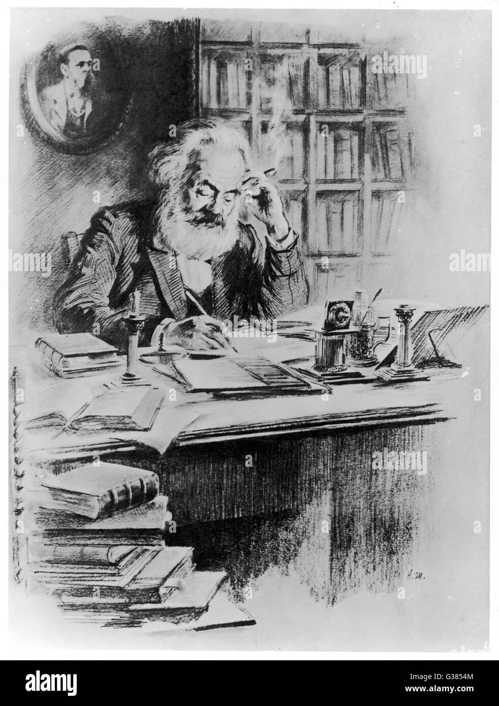 KARL MARX  German political theorist - working in his study in London in 1849      Date: 1819 - 1883 Stock Photo