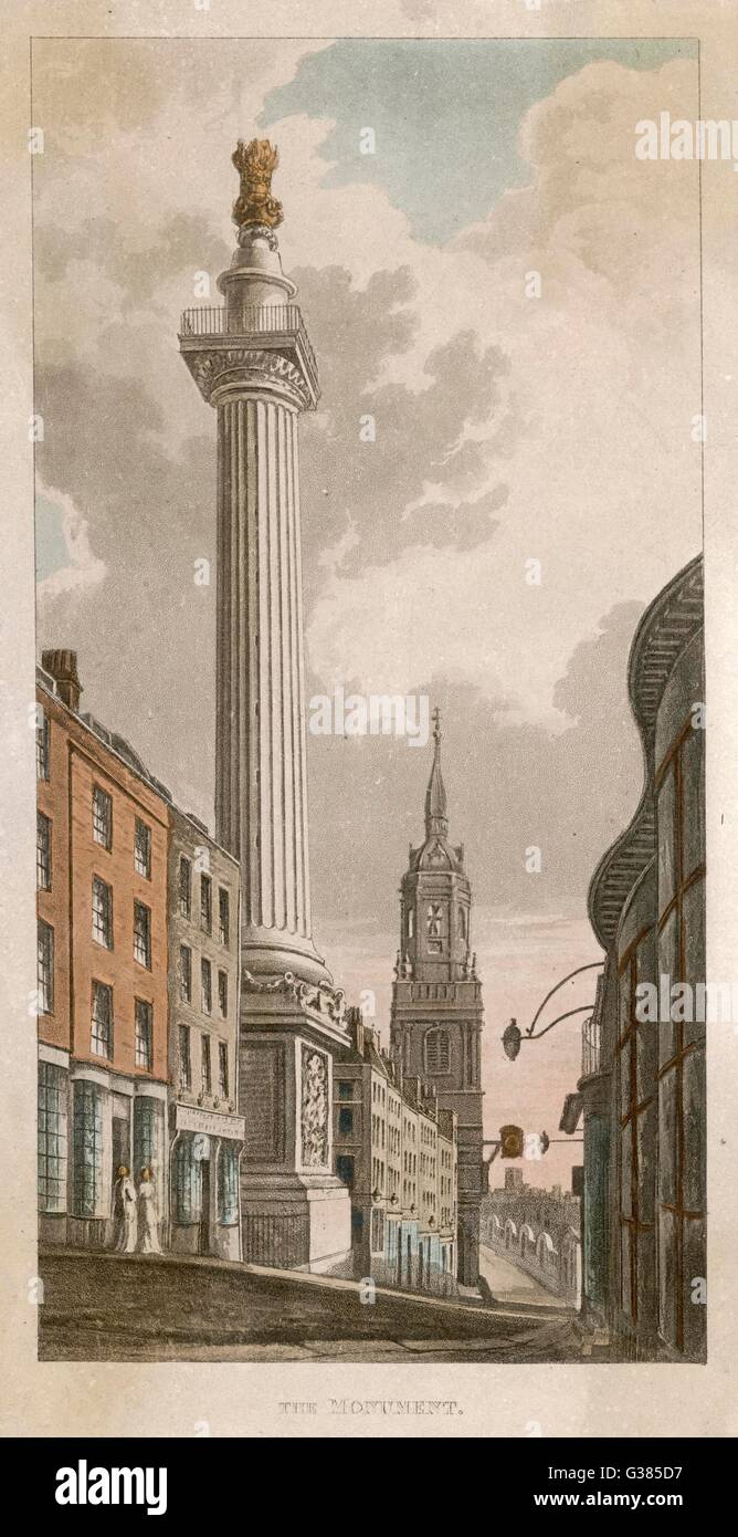 The Monument with St. Magnus'  church in the background.         Date: 1810 Stock Photo