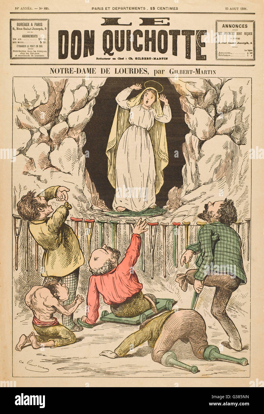 In the grotto at Lourdes, the  Virgin Mary is appalled when  the sick and crippled come  begging her to work miracles  for them      Date: 1891 Stock Photo