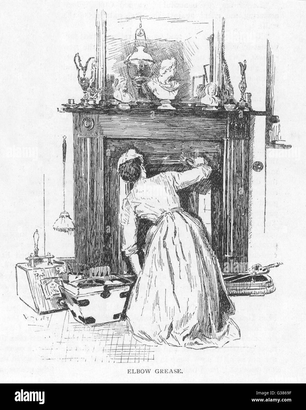 A housemaid on her knees  cleans a grate with black lead and elbow grease        Date: 1893 Stock Photo
