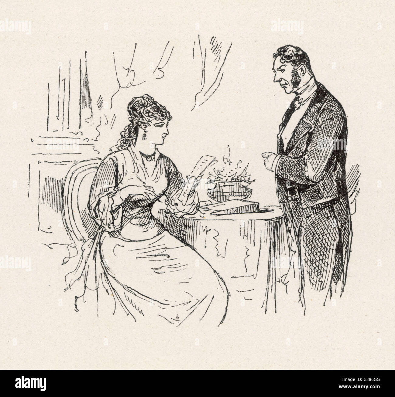 The mistress of the house  discusses the evening's  arrangements with her butler        Date: 1878 Stock Photo
