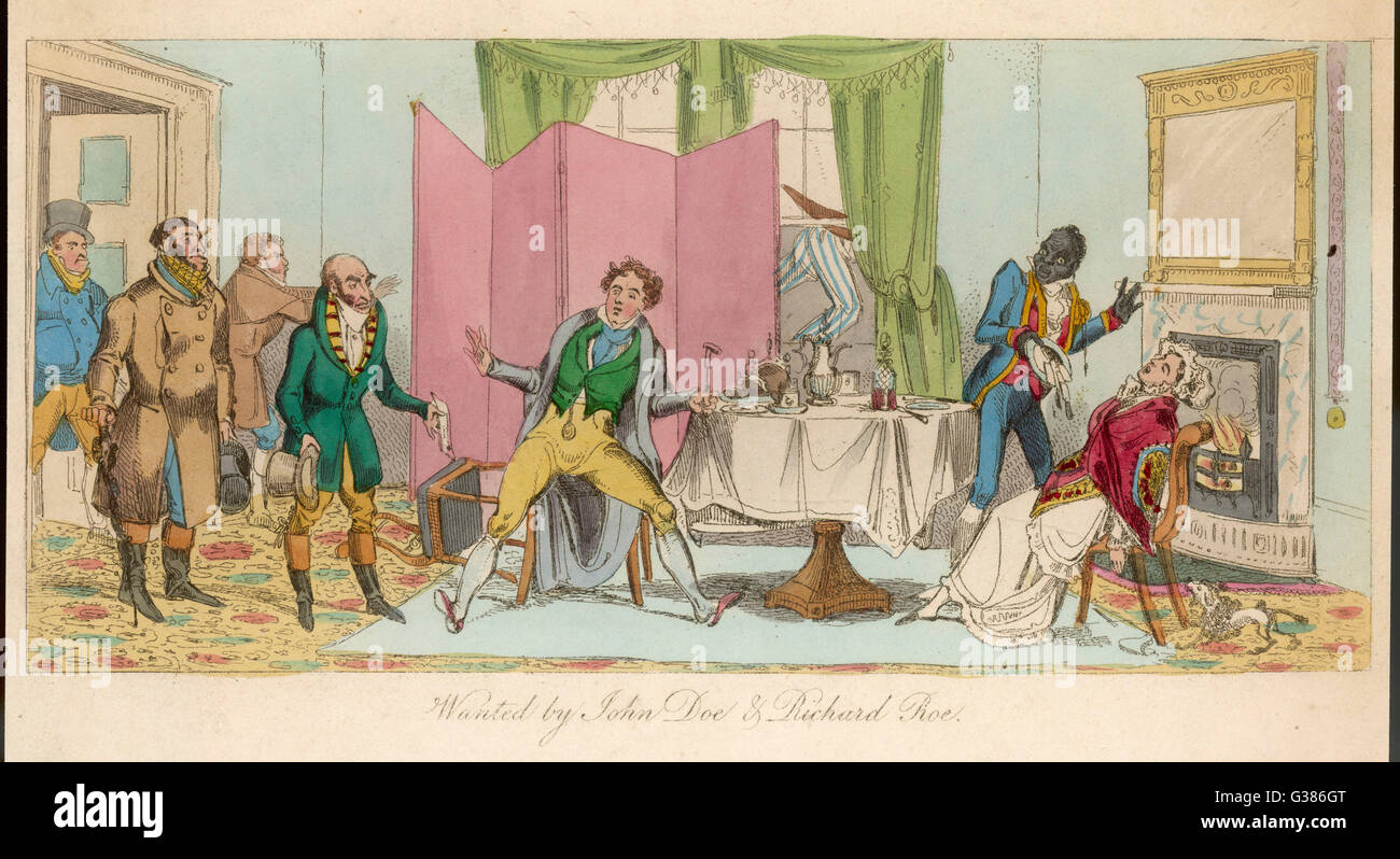 A black manservant in the  household of a Regency man-  about-town: his master  receives an unwelcome visit  from two debtors, which causes  the mistress to faint away.     Date: circa 1825 Stock Photo