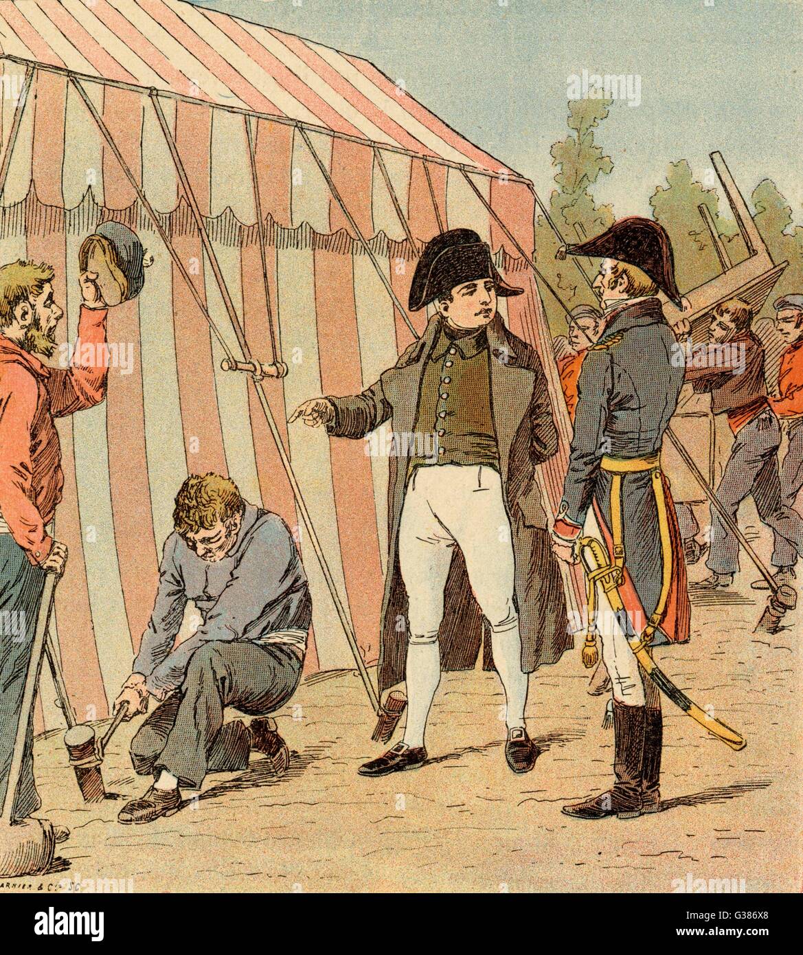 While Longwood is being  repaired after the fire, a  tent is erected for Napoleon's  accommodation : he supervises  its installation      Date: 1816 Stock Photo