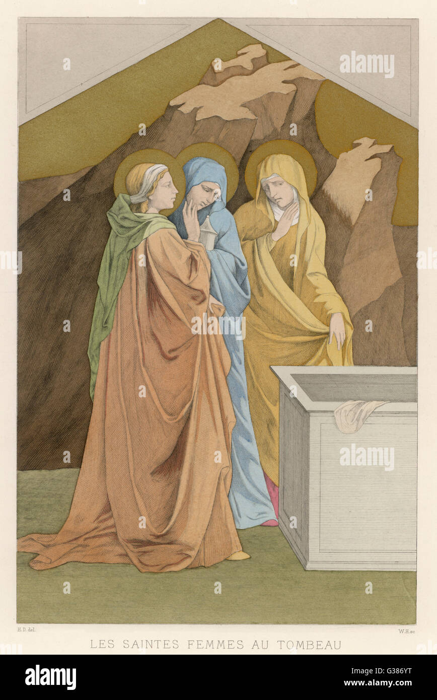 Mary Magdalen, Mary the mother  of James, and Salome come with  spices to anoint Jesus's body,  but find his tomb empty : a  moment later, an angel will  tell them that Jesus is risen     Date: circa 33 Stock Photo