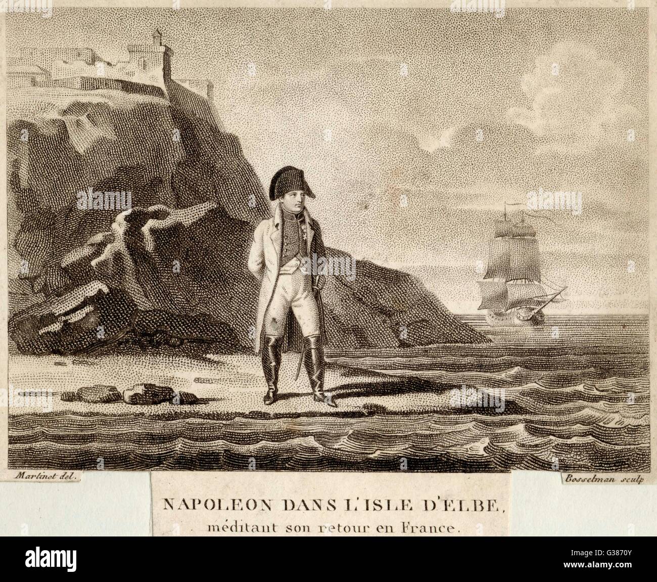 Exiled to the island of Elba,  after his abdication, he none  the less plans a glorious  come-back...       Date: 1814-1815 Stock Photo