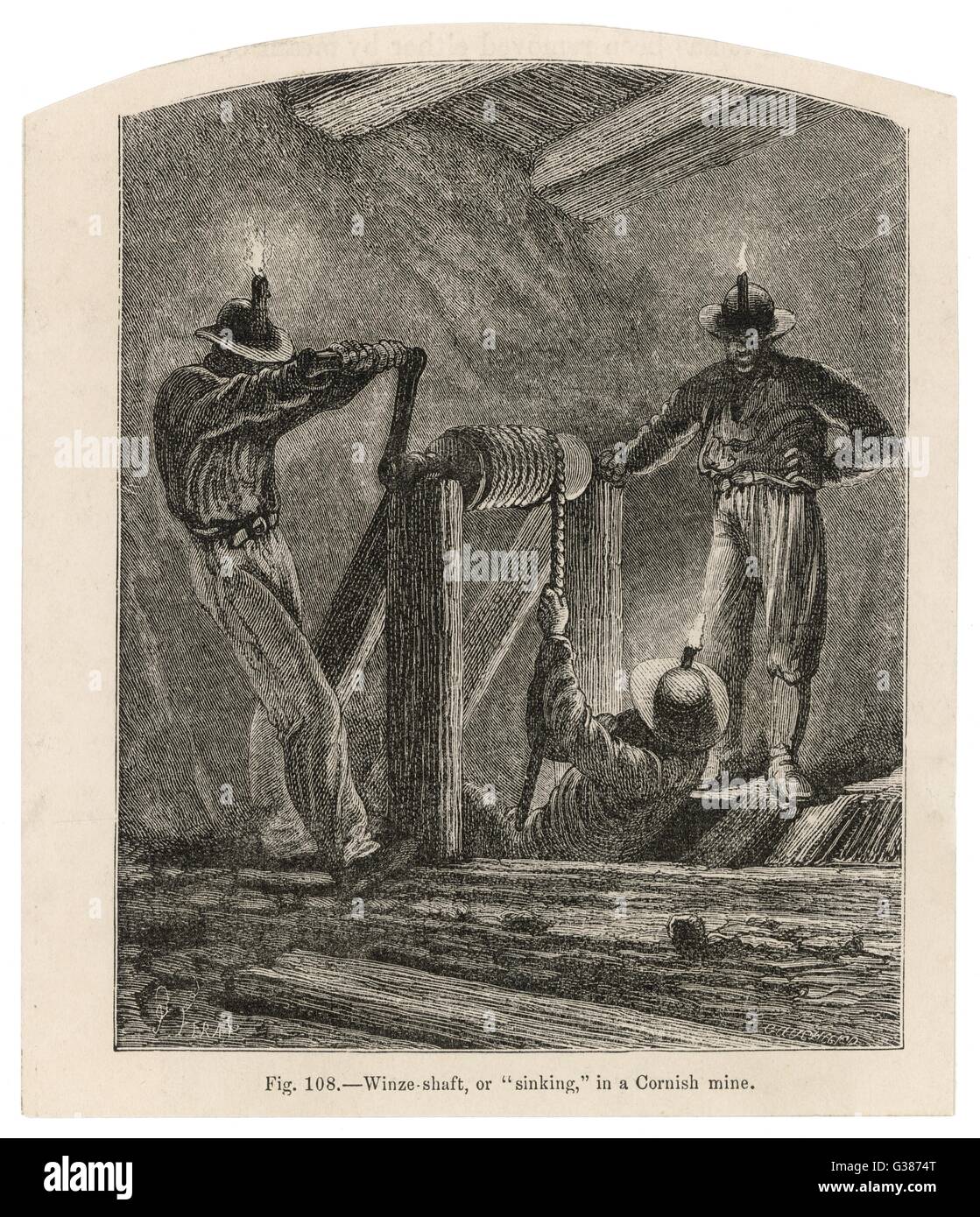 Winze-shaft, or 'sinking' in a  Cornish tin mine         Date: 1869 Stock Photo