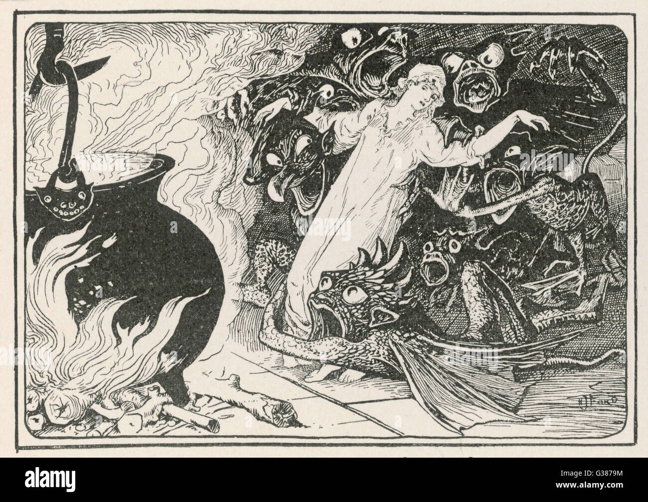 The evil spirits drag the girl  into the cauldron.  (Polish story). Stock Photo