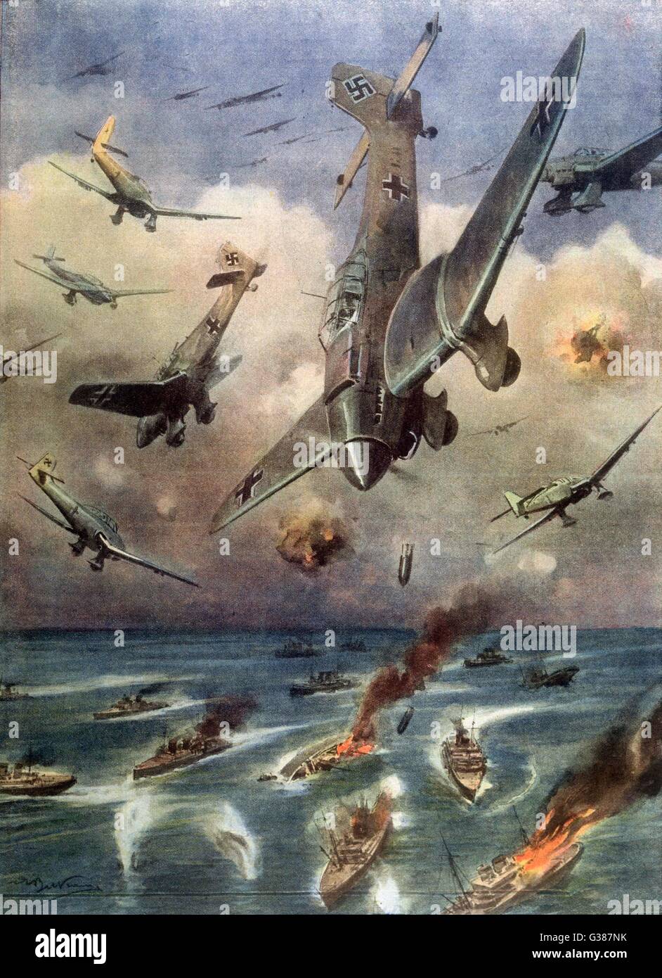 Junkers JU-87 Stukas dive-bomb  an Allied convoy and disperse  the ships with the violence of  their assault       Date: November 1940 Stock Photo