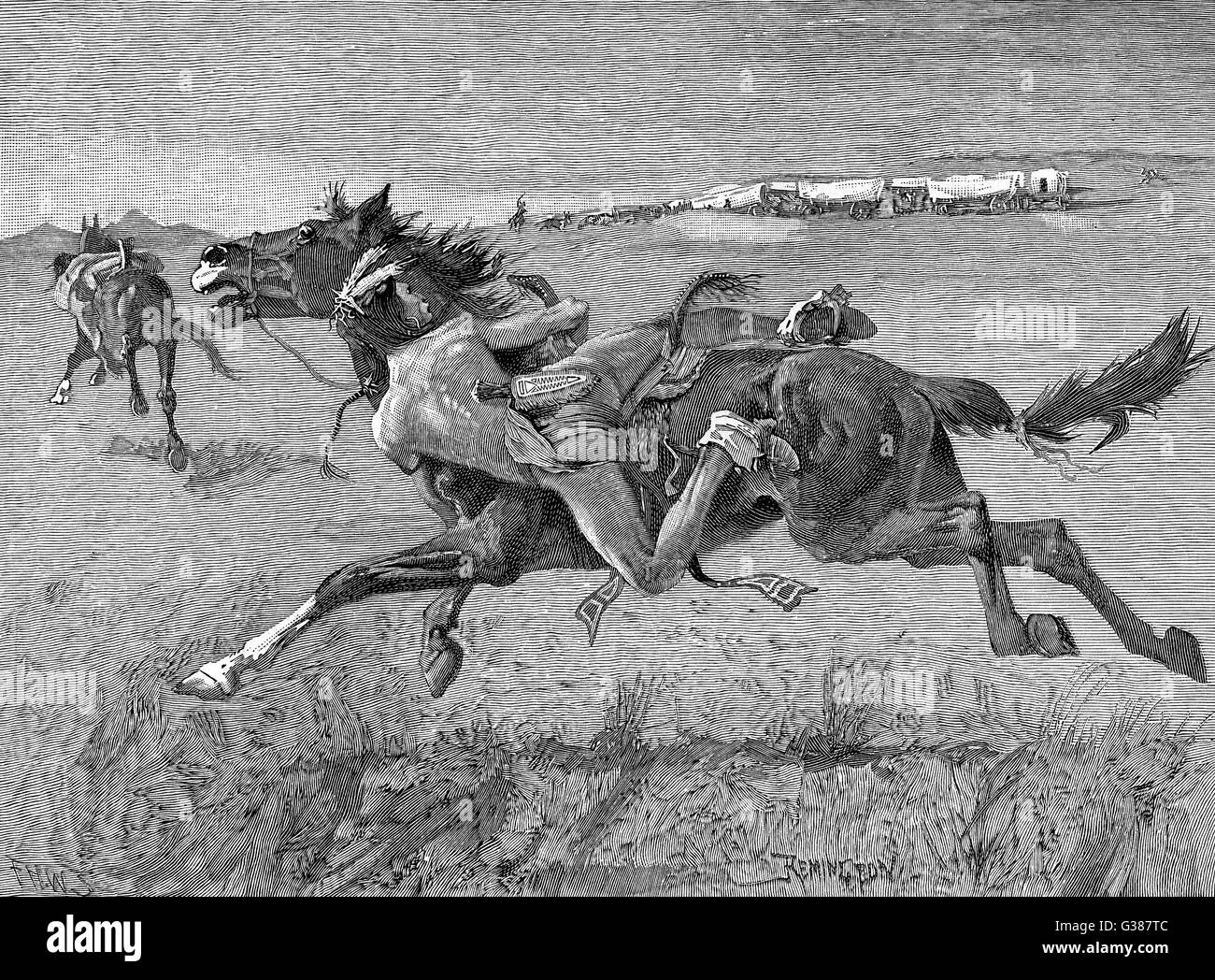 INDIANS ATTACK WAGONS Stock Photo