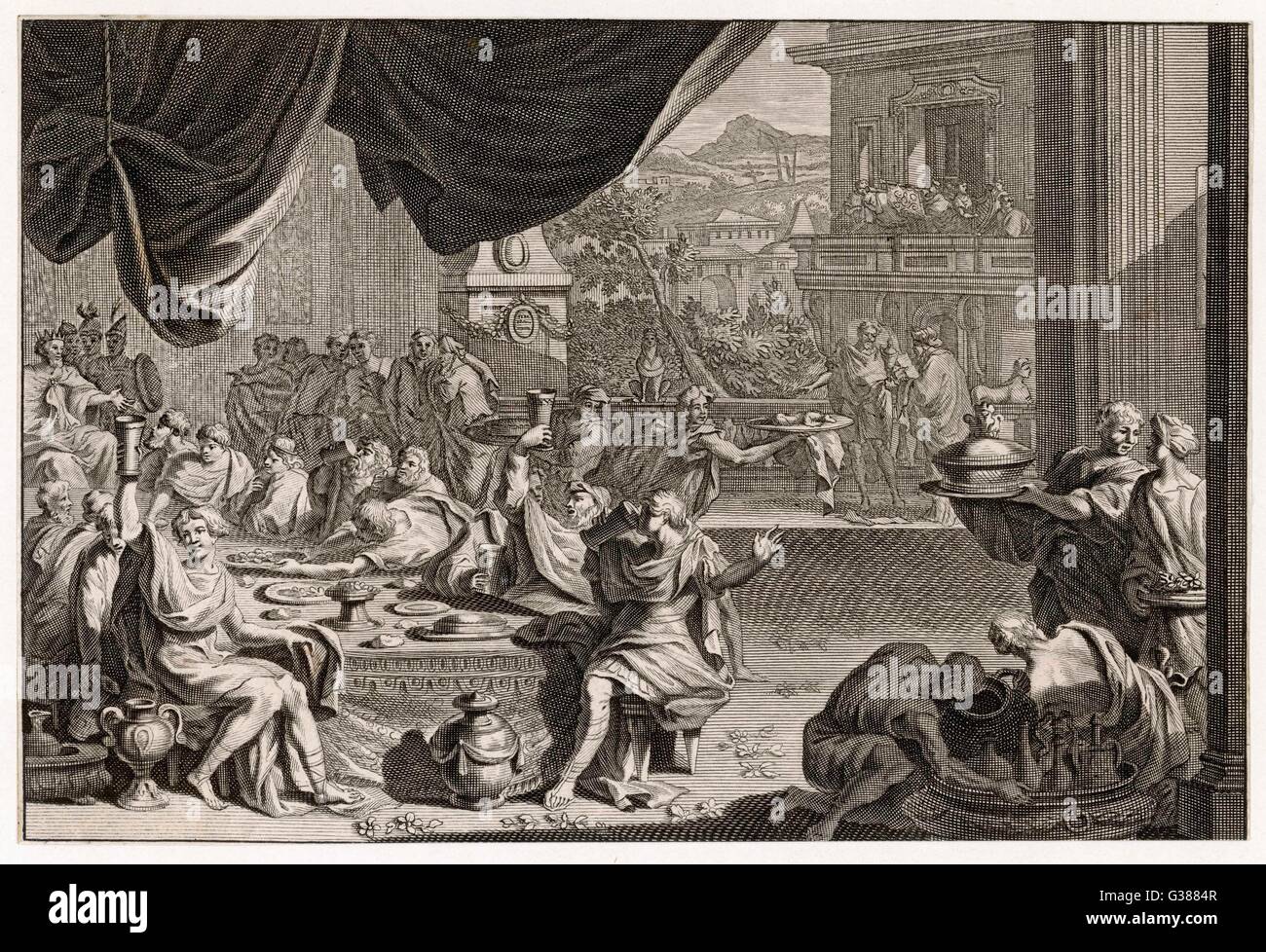 A busy scene at a Roman  banquet        Date: ancient Stock Photo