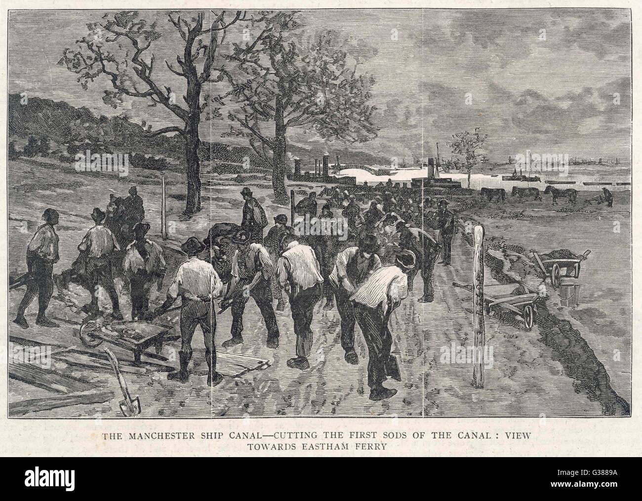 Navvies start work, cutting  the first sods of the canal.  The view looks towards Eastham  Ferry.      Date: 1887 Stock Photo