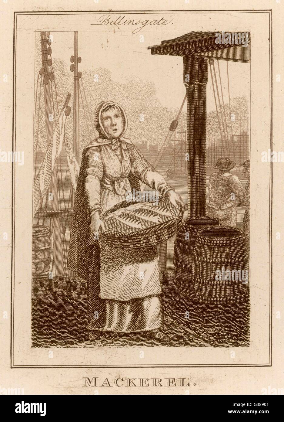 A fishwife of Billingsgate, London's fish market Date circa 1810 Stock