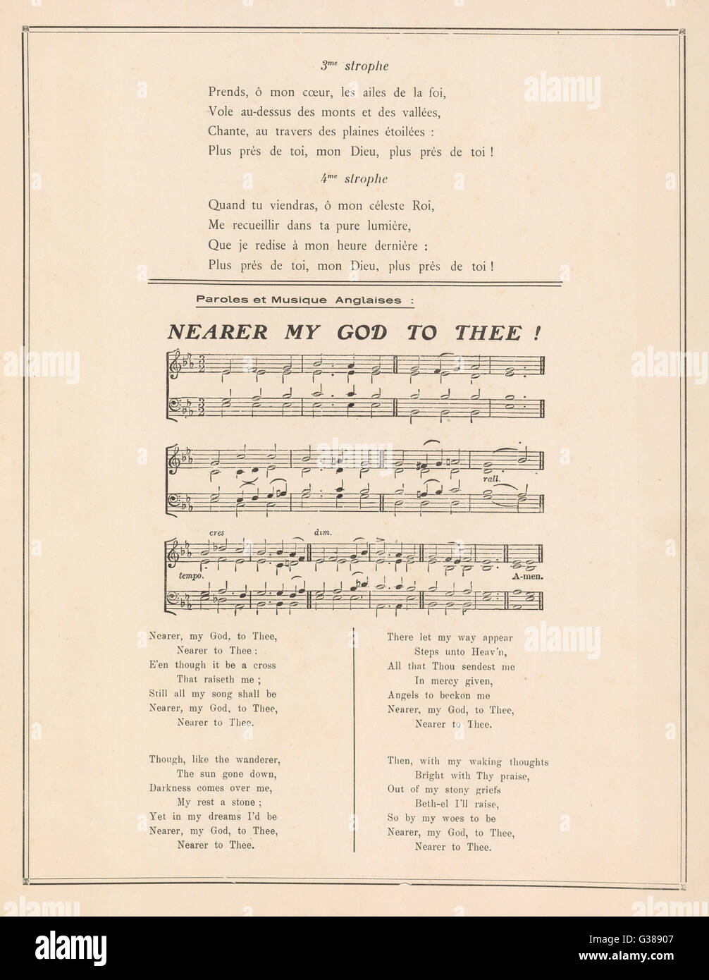 &quot;Nearer My God To Thee&quot; (&quot;Plus Pre De Toi Mon Dieu&quot;) French music sheet of the hymn played by the band on the deck  of the Titanic as the ship  sank.     Date: 1912 Stock Photo