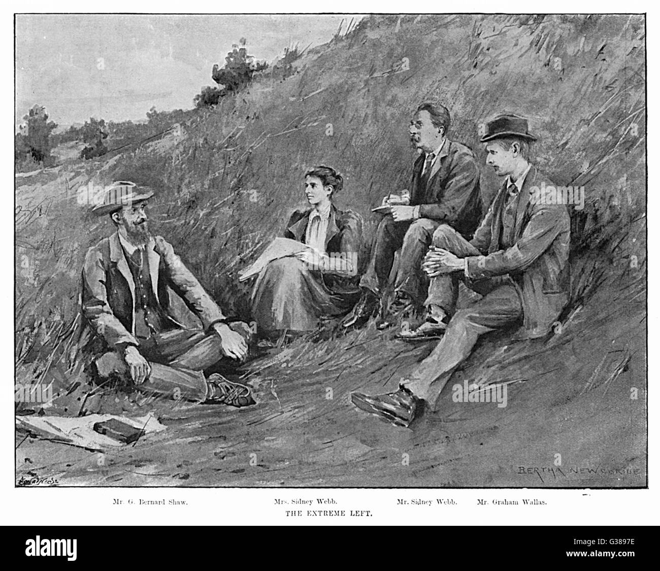 Sidney Webb(1859-1947) and Beatrice Webb(1858-1943), economists and social theorists, out walking with friends George Bernard Shaw and Graham Wallas.     Date: 1895 Stock Photo