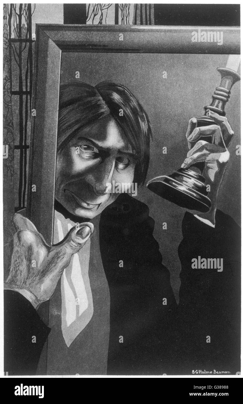 &quot;This, too, was myself...&quot;. Dr Jekyll looks in the mirror  and sees himself transformed  into Mr Hyde.       Date: First published: 1886 Stock Photo