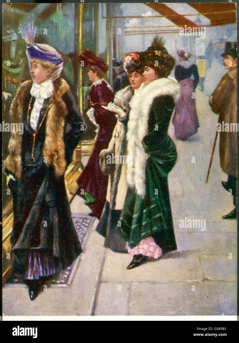 Fur-draped ladies shopping in  Bond Street, London's most  fashionable shopping street        Date: 1904 Stock Photo