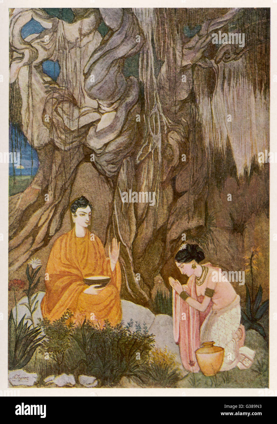 SIDDHARTHA GAUTAMA, known as  the BUDDHA ('Enlightened One') He is entertained by Sujata,  daughter of a village lord,  who prepares very special  foods to nourish him     Date: 563? BC - 483? BC Stock Photo
