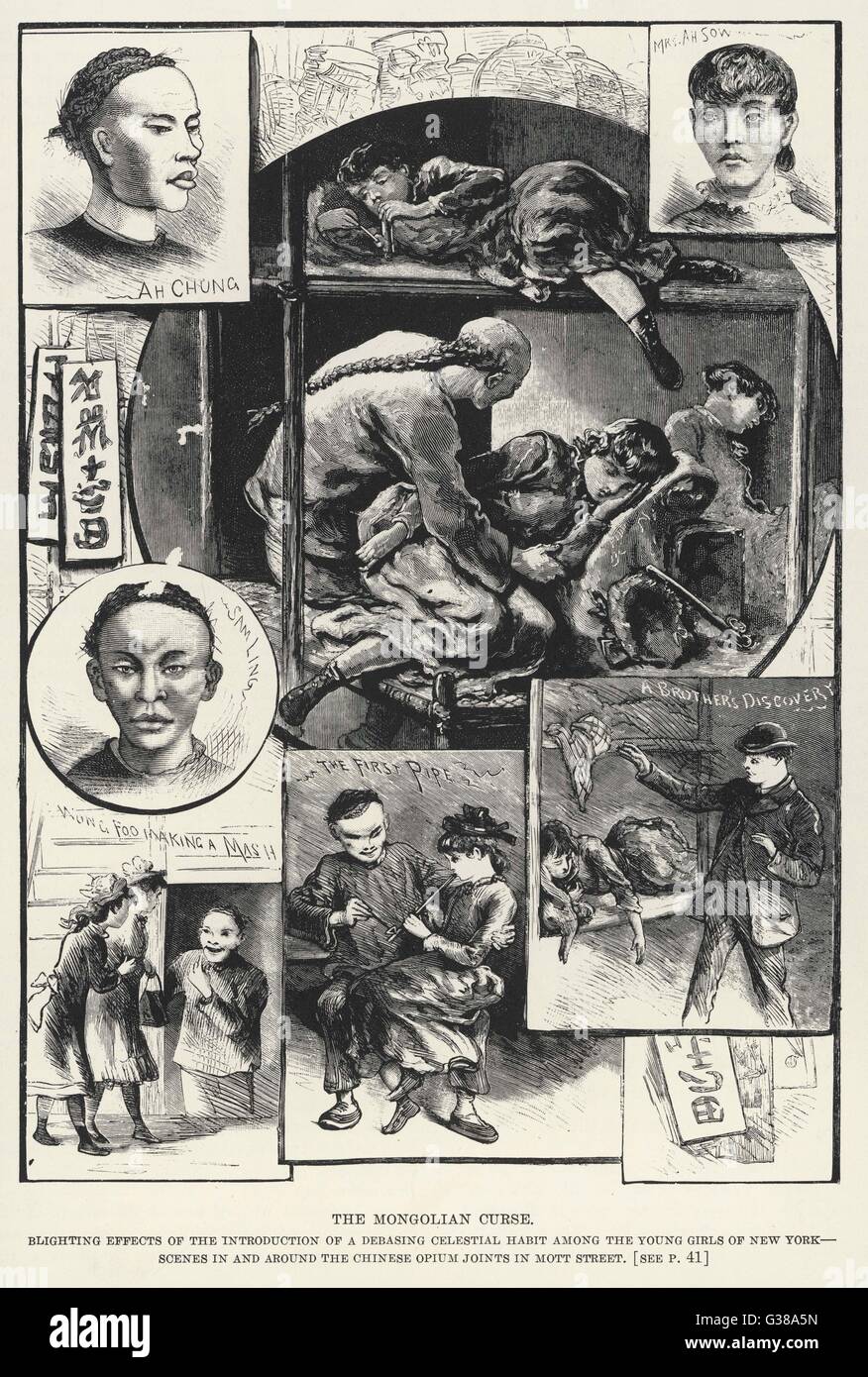'The Mongolian Curse'  'blighting effects of a  debasing celestial habit among  the young girls of New York -  scenes in and around the opium  joints in Mott Street'     Date: 1883 Stock Photo