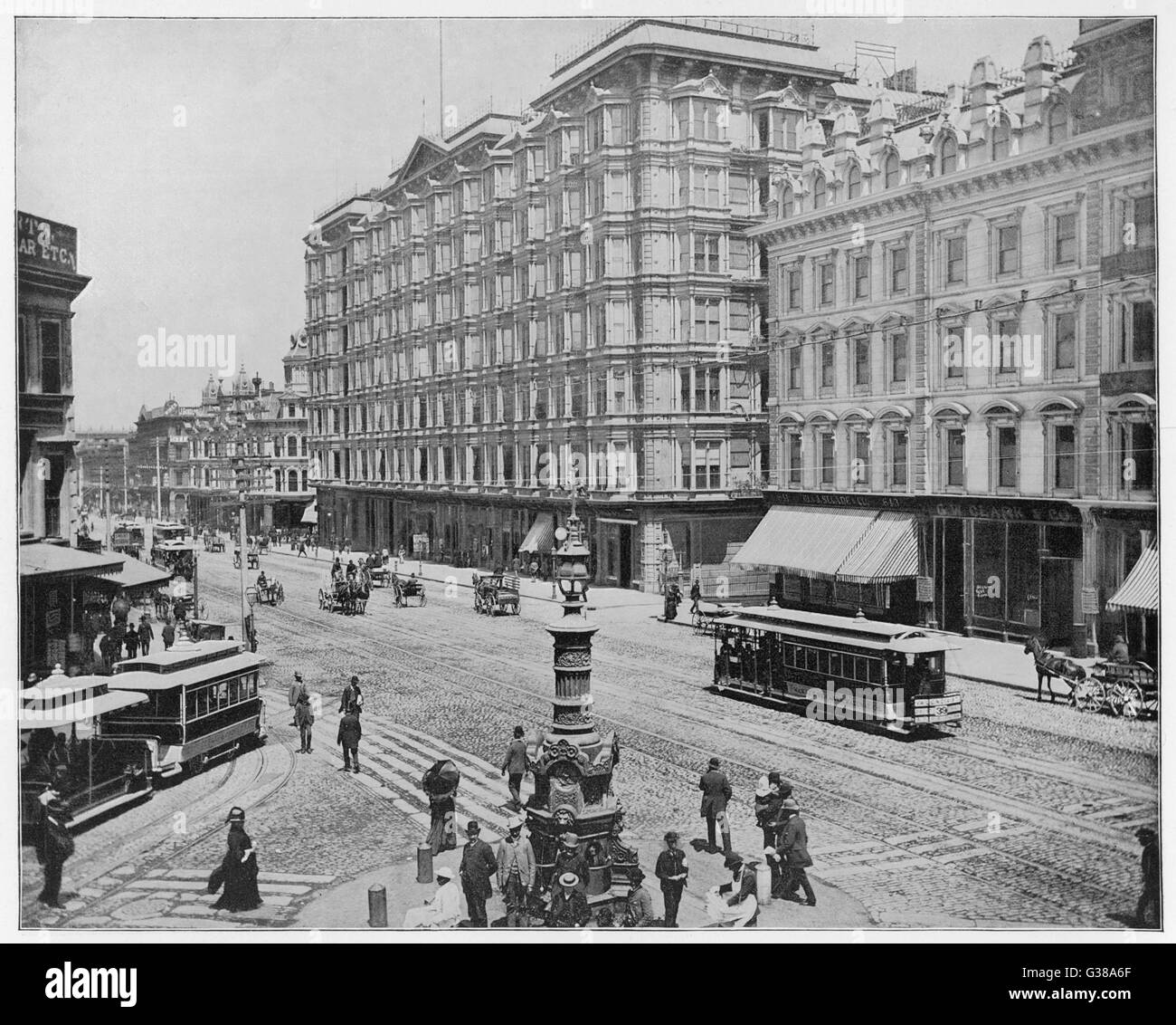 Market Street, San Francisco,  California, with carts and  electric trams        Date: 1894 Stock Photo