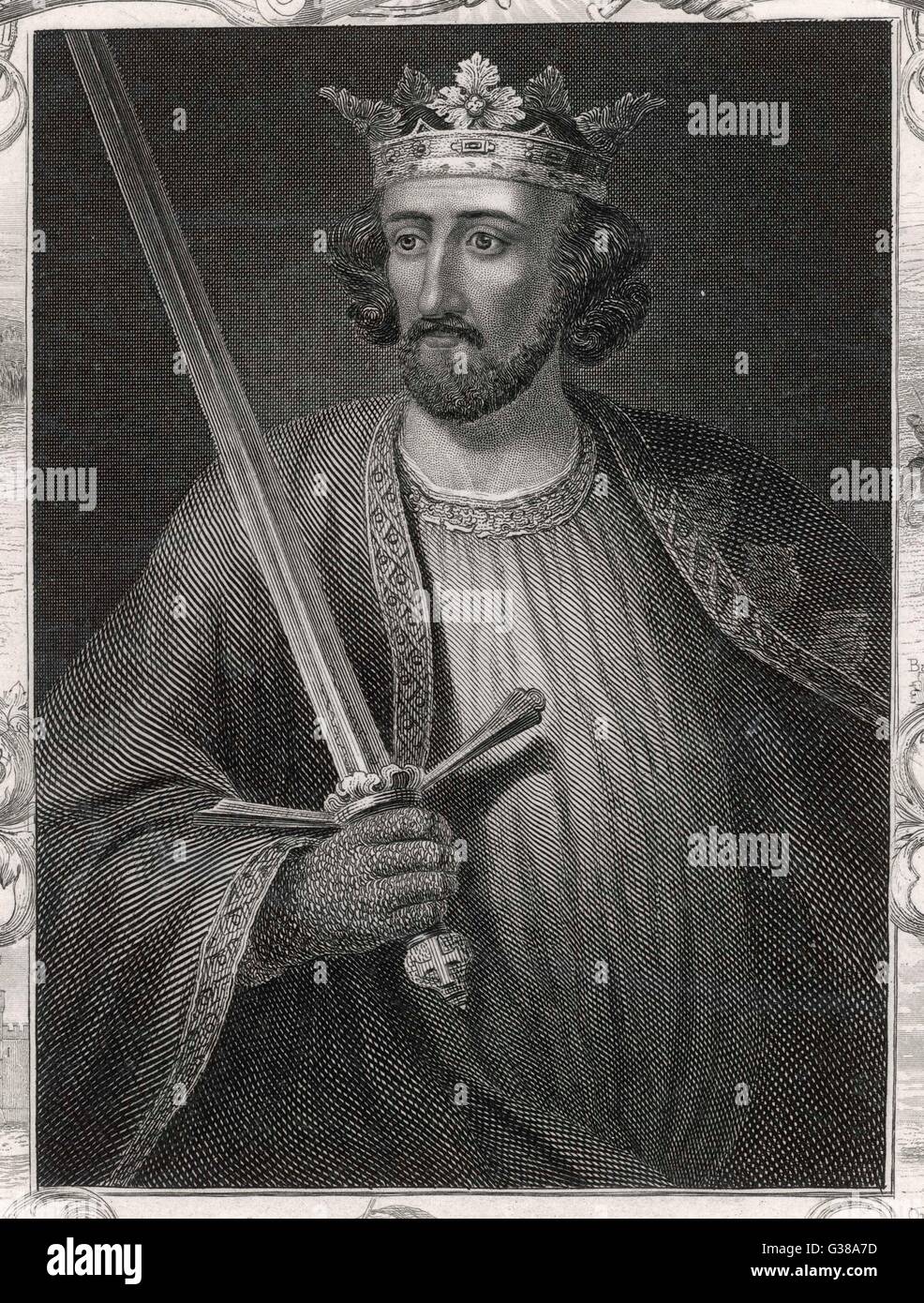 KING EDWARD I  Depicted holding a sword Decorative border showing events from his reign      Date: 1239 - 1307 Stock Photo