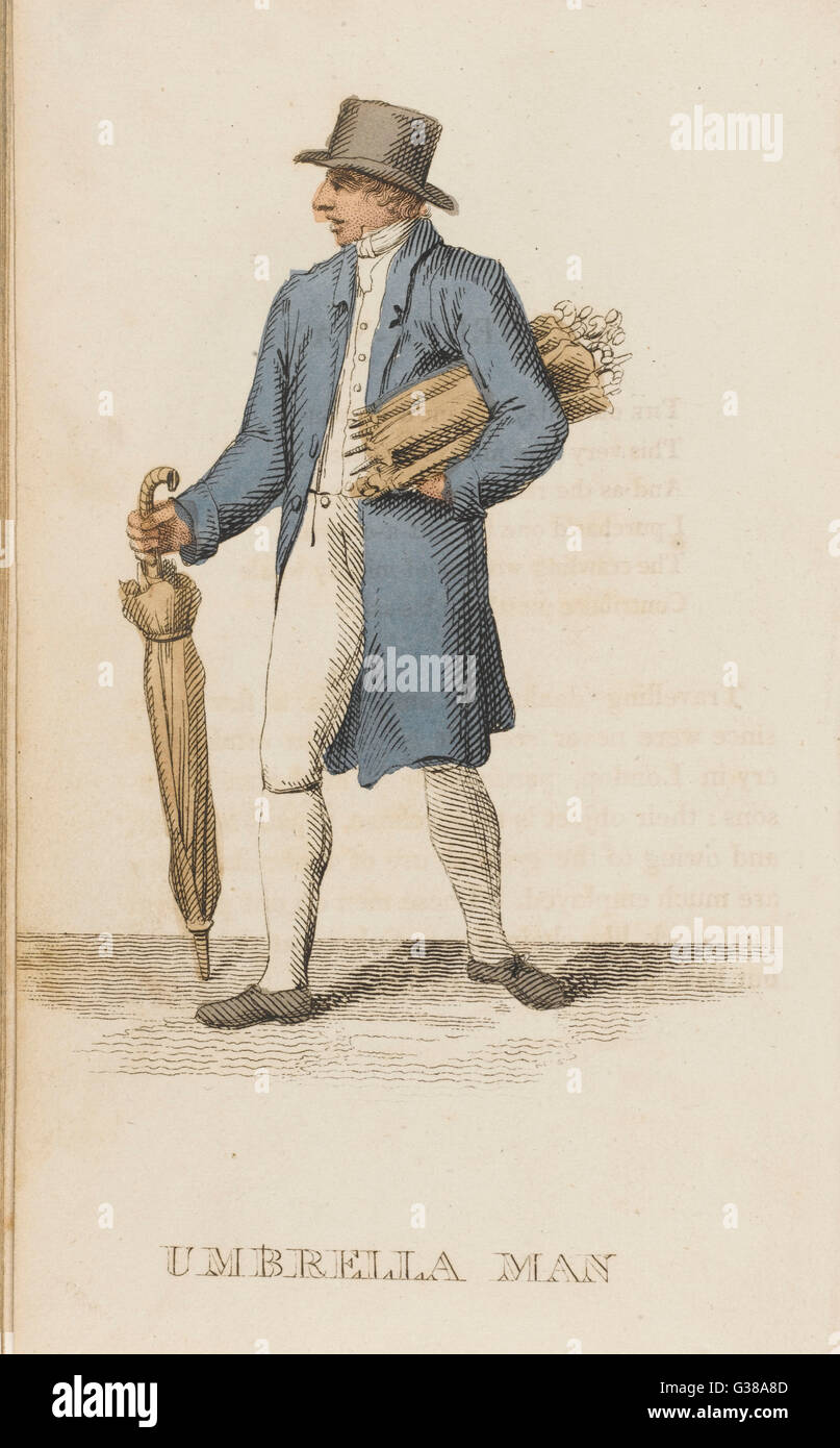The umbrella man who  purchases, repairs and sells  umbrellas.        Date: 1823 Stock Photo