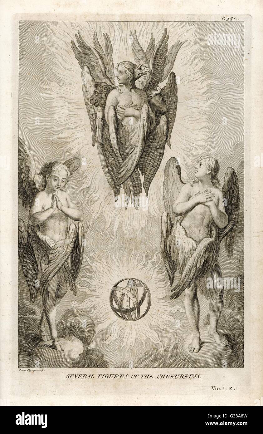 Three types of cherub (plural  is cherubim), each with a  combination of human and  animal attributes - animal  heads or feet, three pairs of  wings &amp;c. Stock Photo