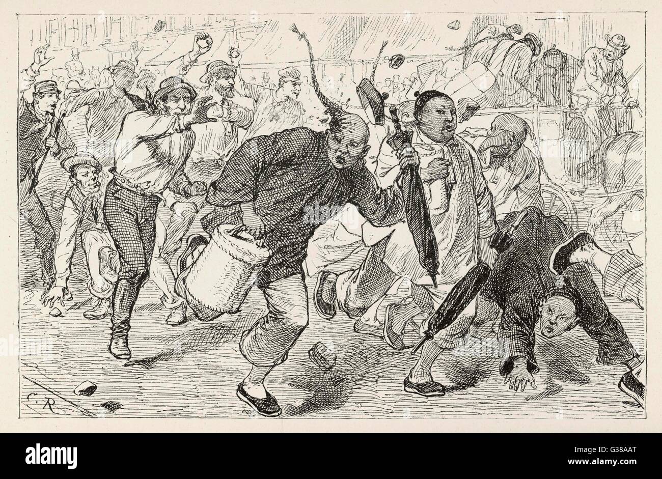 Chinese immigrants arriving in  San Francisco are given an  unfriendly welcome by hoodlums  who pelt them with stones by  way of telling them they are  not wanted     Date: 1882 Stock Photo