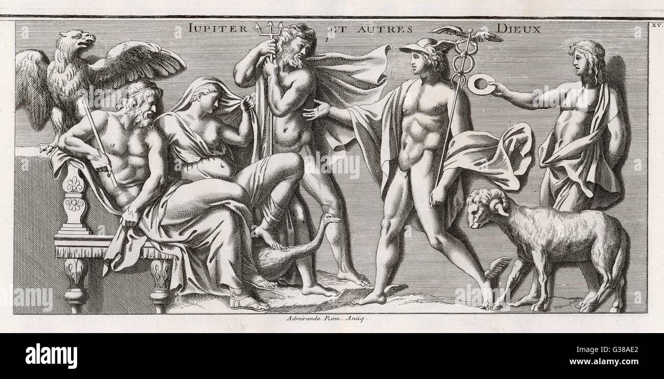 Zeus (Jupiter) and Hera (Juno) sit with his eagle, visited by Poseidon  (Neptune) Hermes (Mercury) and his son (by Alkmene, not Hera, hence her  gesture) Herakles Stock Photo - Alamy