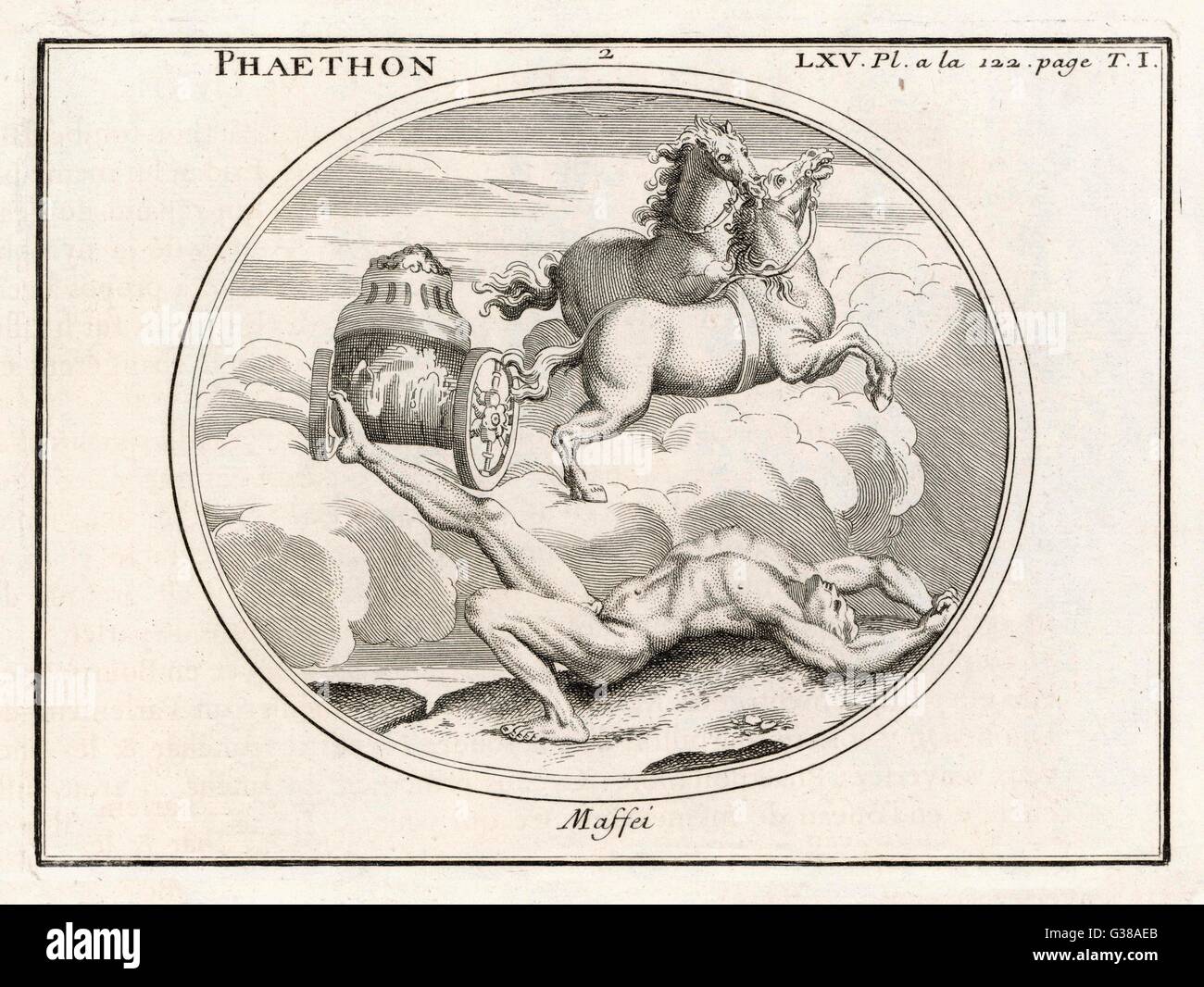 Phaethon (or Phaeton), son of  sun-god Helios, drives his  father's chariot but can't  control the horses, causing  widespread havoc till Zeus  kills him with a thunderbolt Stock Photo