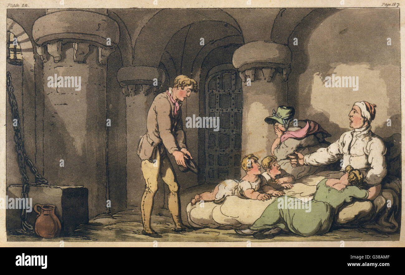 Scene in a debtor's prison : the debtor's family join him  inside       Date: first published 1766 Stock Photo