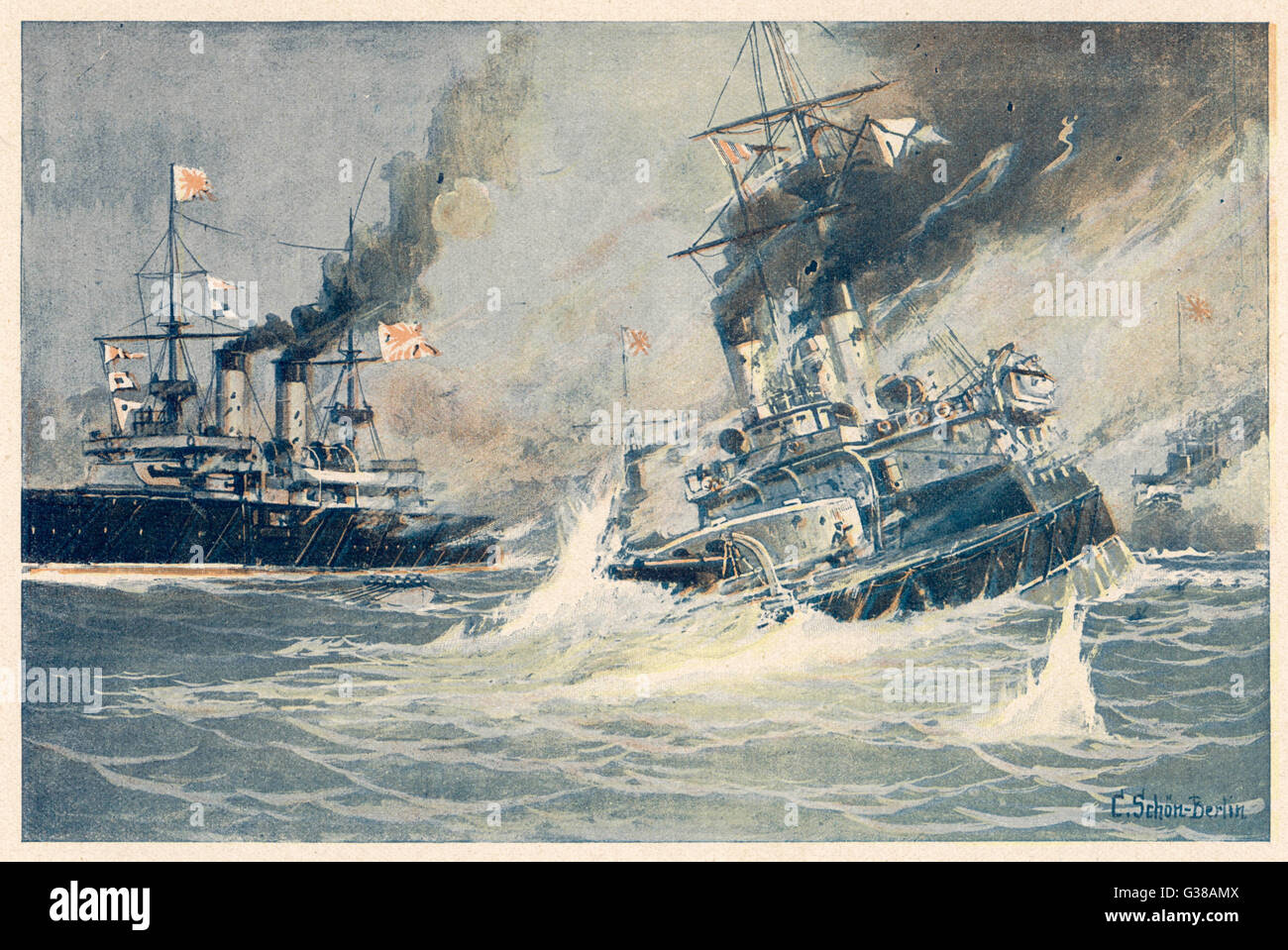 BATTLE OF TSUSHIMA STRAIT The sinking of the Russian  battleship 'Navarin' - almost  the entire Russian fleet was  destroyed or captured by the  Japanese in the 2-day battle     Date: 27-28 May 1905 Stock Photo