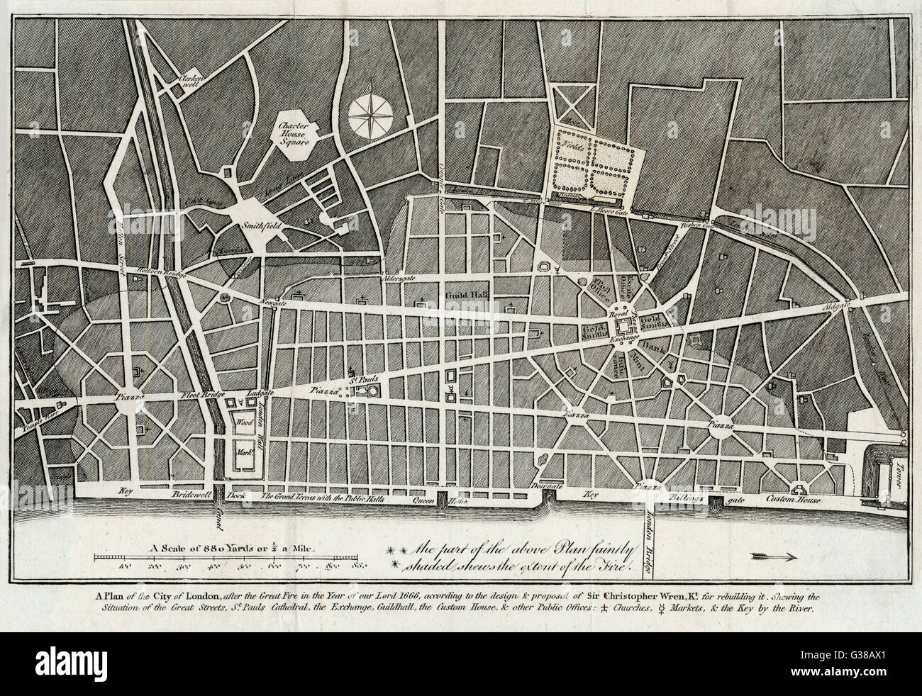 A Plan of the City of London for rebuilding after the fire of 1666 according to Sir Christopher 