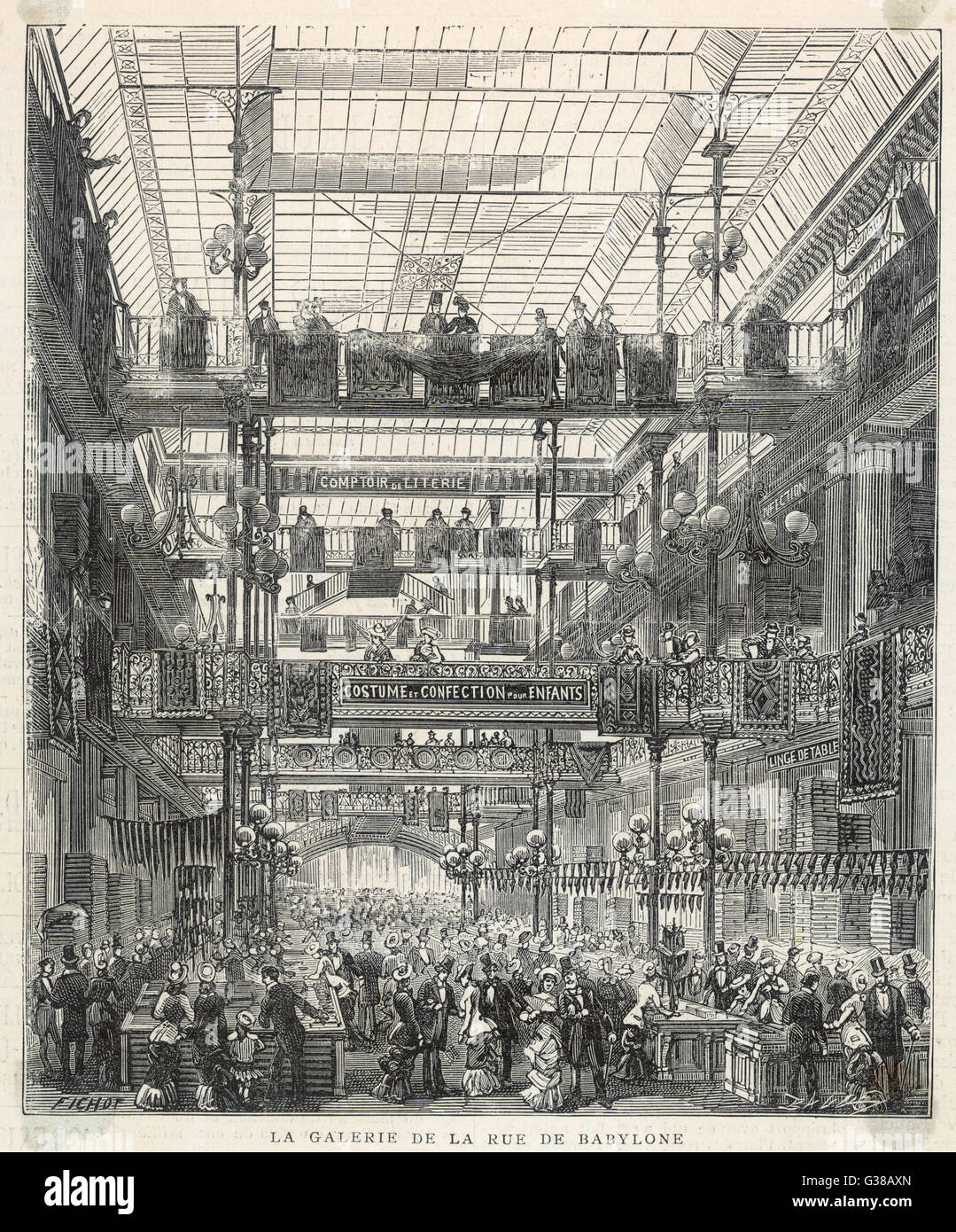 19th century illustration showing, Le Bon Marche department store, in  Paris. Founded in 1838 and revamped almost completely by Aristide Boucicaut  in 1852, it was the first ever modern department store. Now