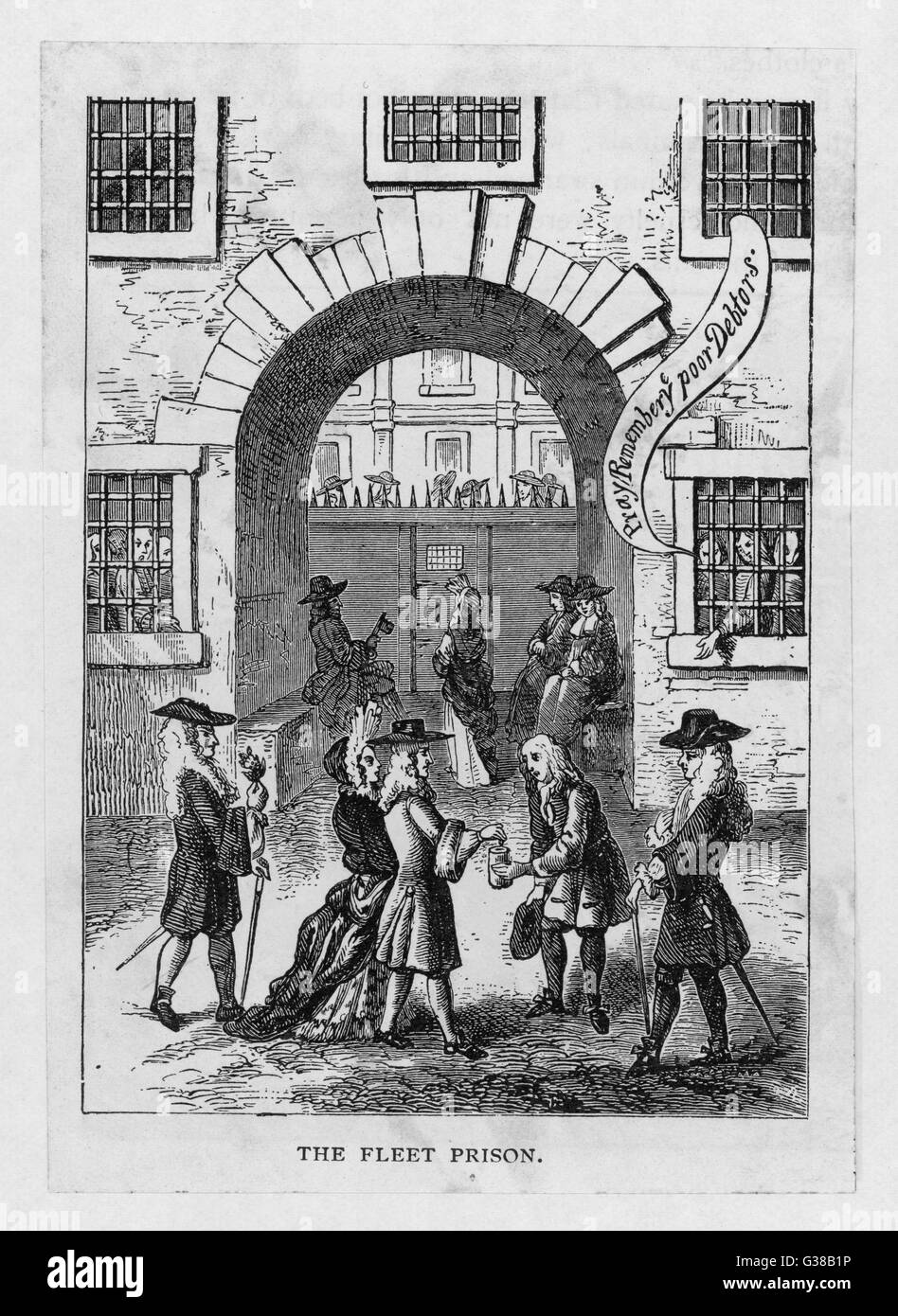 The exterior of Fleet prison  with debtor's grate        Date: Early 18th century Stock Photo