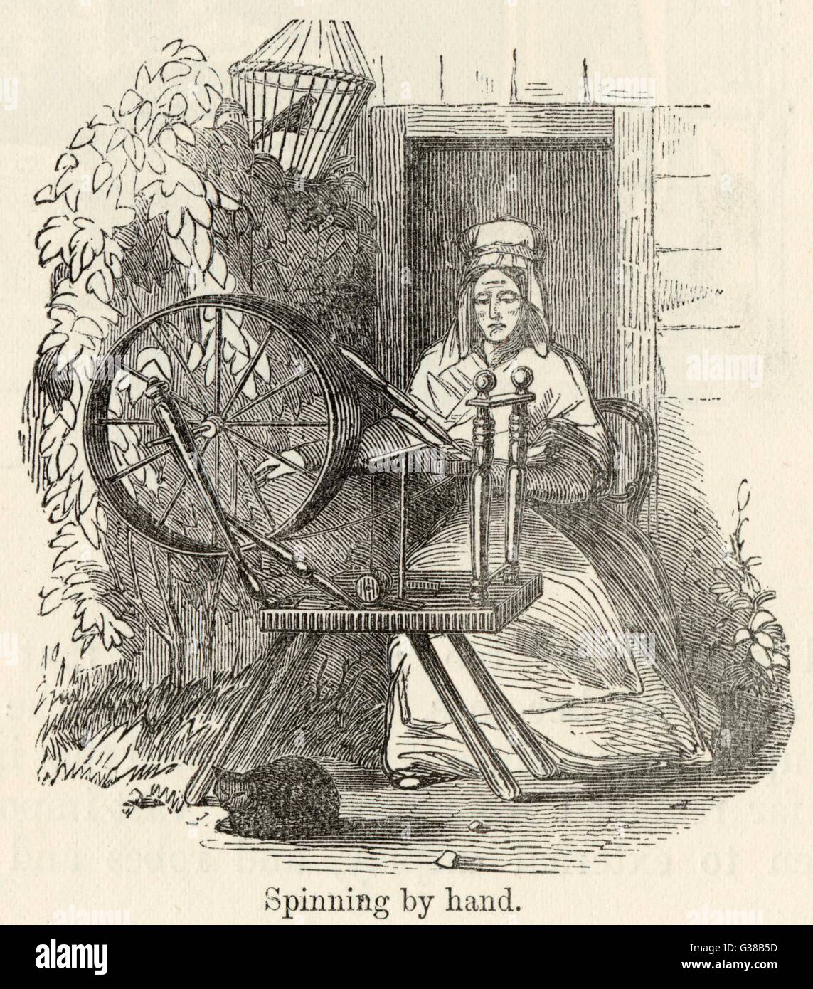 Spinning cotton using a spinning wheel Date 1866 Stock Photo Alamy