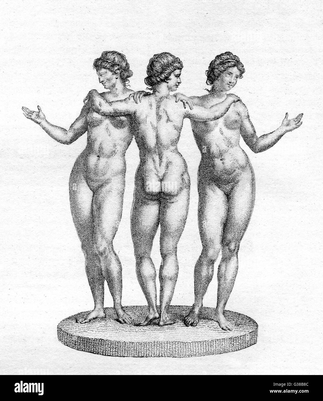 The three graces - Euphrosyne,  Thalia and Aglaia - generally  supposed to be descended from  Dionysos and Aphrodite Stock Photo