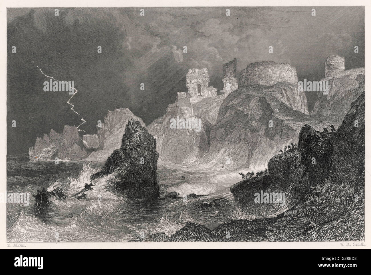 Dramatic coastal view of Dunbar  Castle during a severe storm         Date: 1836 Stock Photo