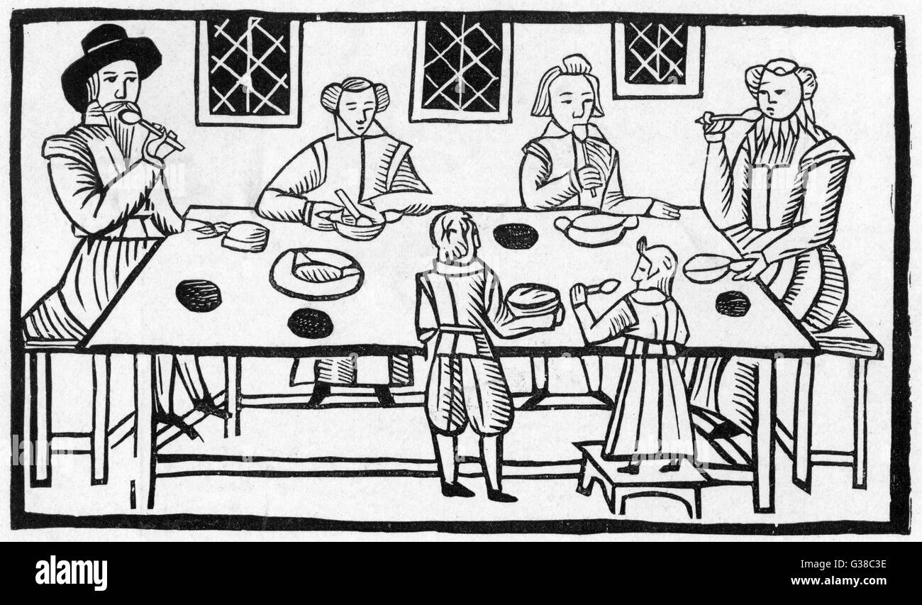A family meal in the early part of the 17th century         Date: Circa 1640 Stock Photo