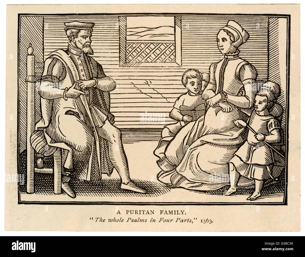 A Puritan family - father sits separately, while his pregnant  wife sits with their 4  children nestled around her.  One child holds a stick  surmounted by a horses head     Date: 1563 Stock Photo