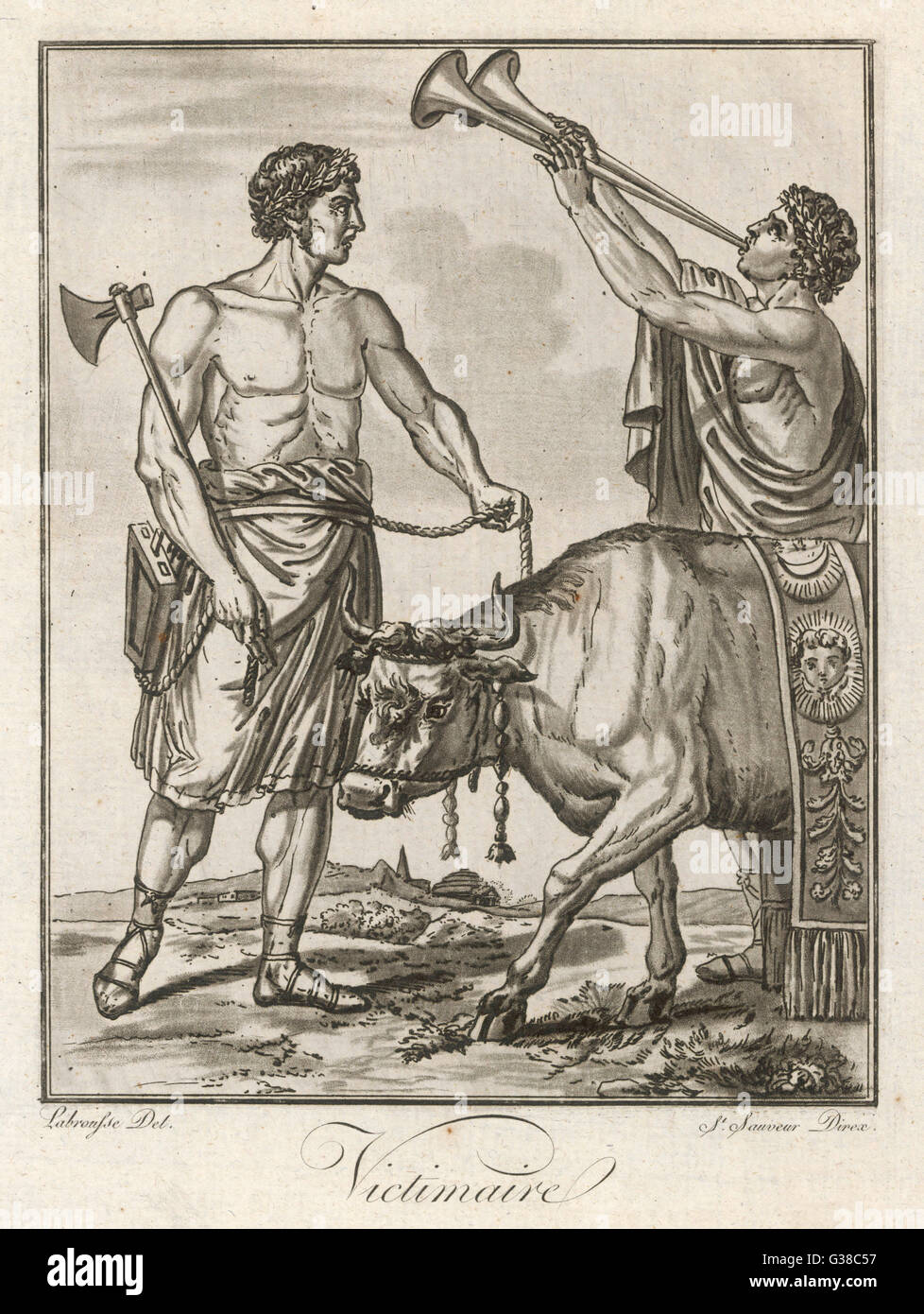 A bull, seemingly aware of its  imminent fate, is led by Roman  priests to the sacrifice Stock Photo