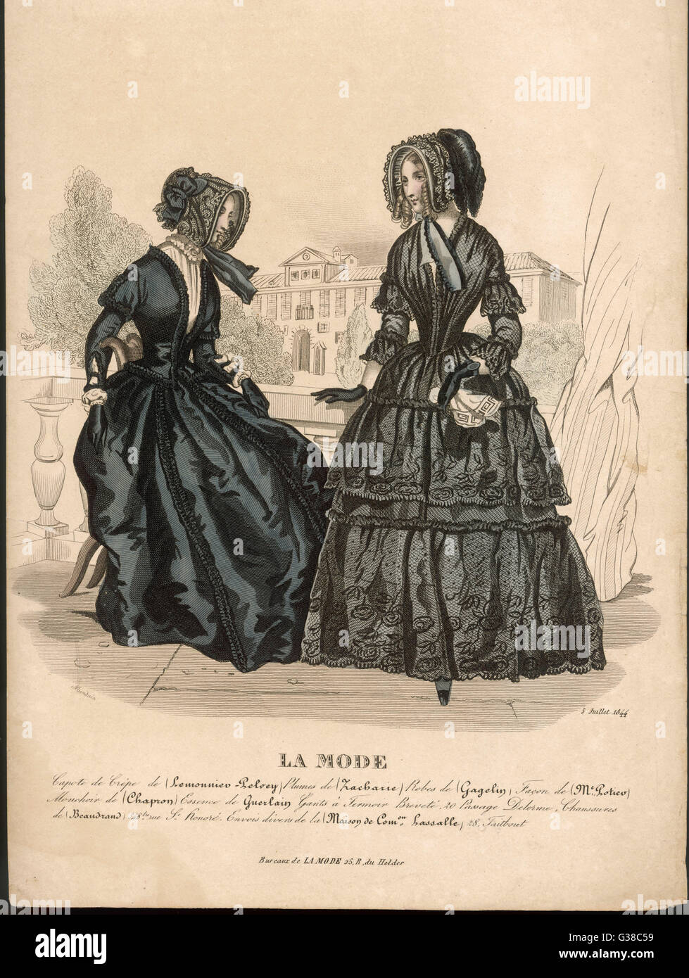 Mourning Dress: black lace  dress with two deep flounces  beneath small 'puffings'  (bouillon); dress with caraco  bodice &amp; ruched trim open to  reveal a chemisette.      Date: 1844 Stock Photo