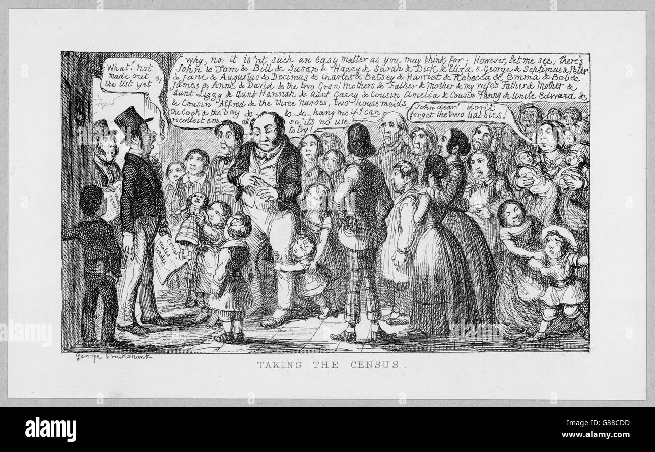 Taking the Census. The head of an oversized,  extended family has difficulty  remembering the names of his  kin and servants let alone how  many there are!     Date: 1851 Stock Photo