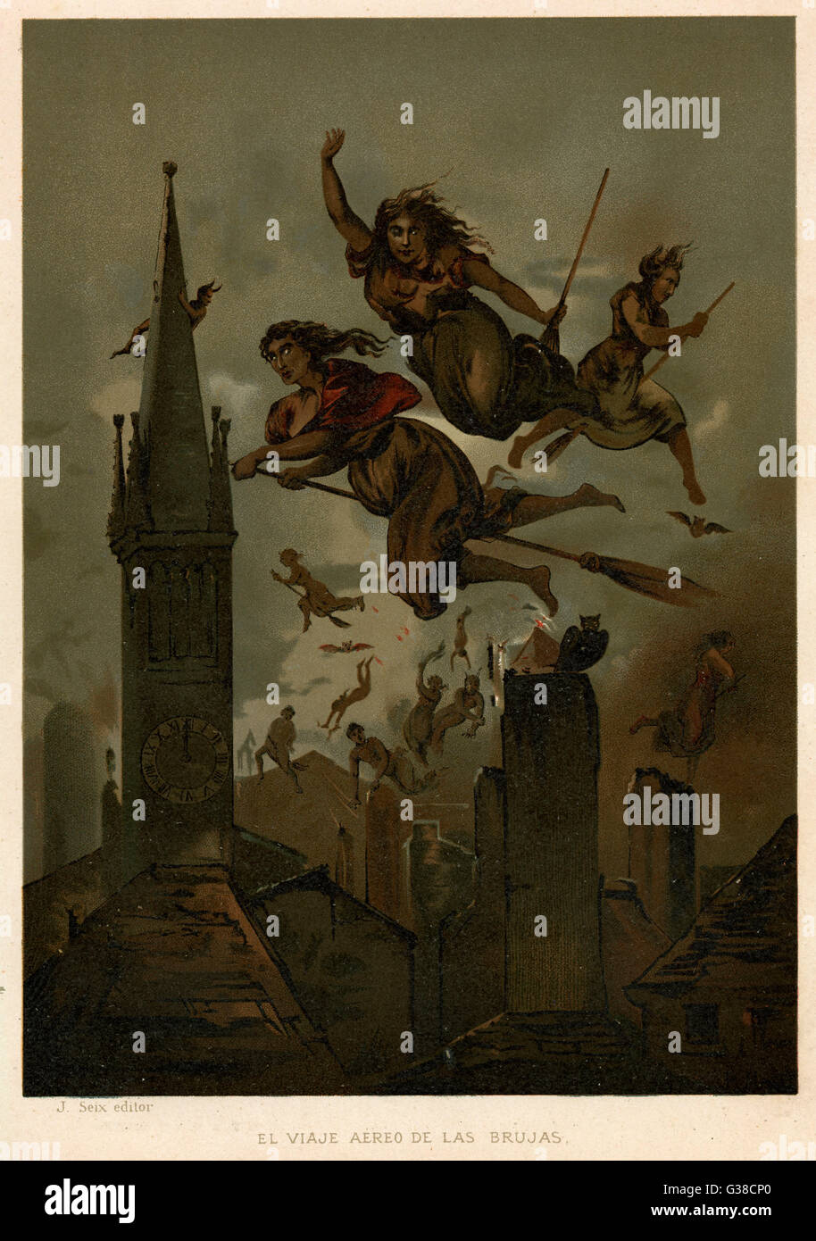 Witches on their broomsticks fly over the roofs of their town Date: 16 ...