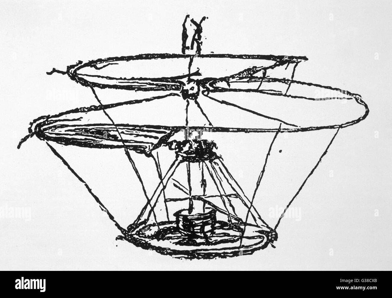 LEONARDO DA VINCI Sketch of a flying machine  which seems in some respects  to anticipate the helicopter,  though the technology is not  clear     Date: circa 1500 Stock Photo