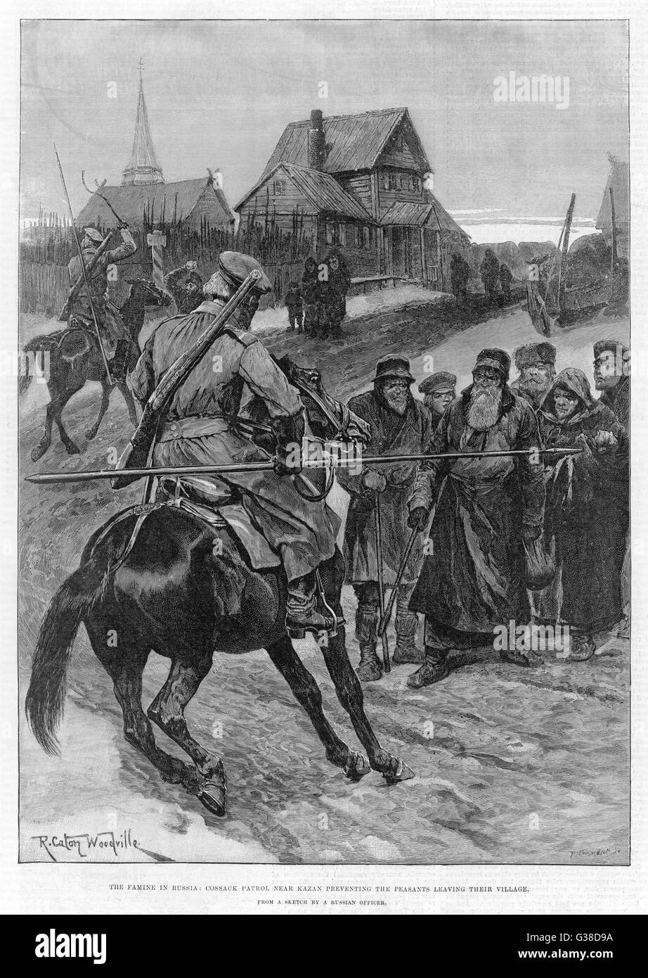 FAMINE Starving peasants in a village  near Kazan are forcibly  prevented by a Cossack patrol  from leaving their village to  try their luck elsewhere     Date: 1892 Stock Photo