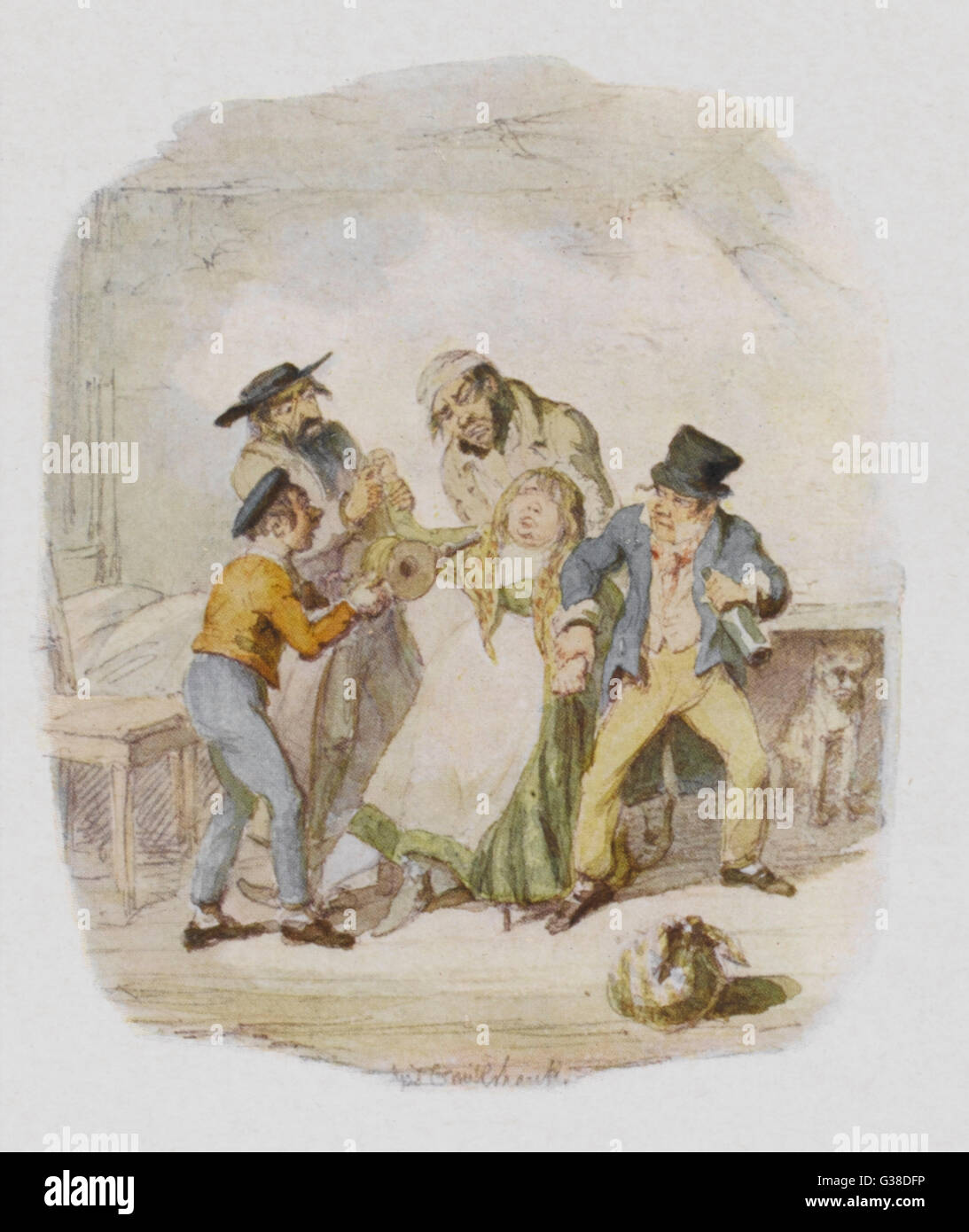 Nancy is revived by Fagin, the  Artful Dodger and Oliver.         Date: First published: 1836-37 Stock Photo